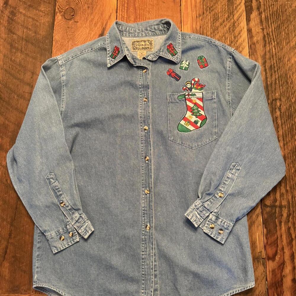 Vintage 90s Tantrum blues denim Christmas embroidered button up